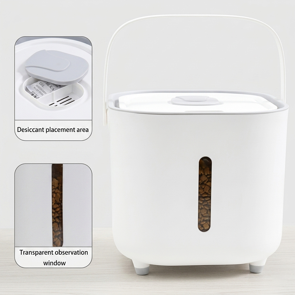 Airtight pet food storage container featuring a built-in desiccant placement area and transparent observation window to help keep pet food fresh while allowing easy monitoring of food levels.