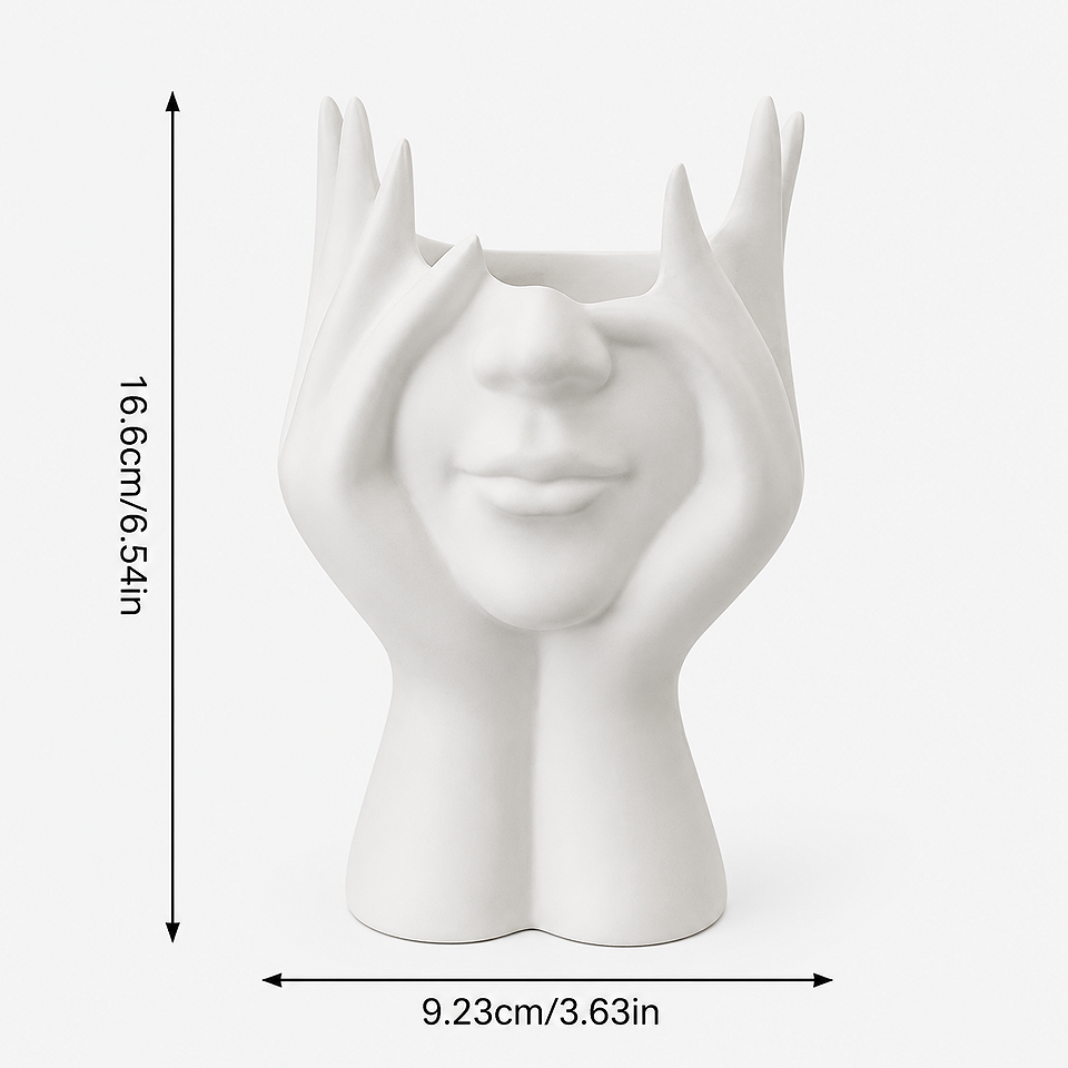 Measurement size diagram of the Creative Human Body Pen Holder & Makeup Brush Organizer showing accurate product dimensions for vanity tables, office desks, bathrooms, and home décor placement.