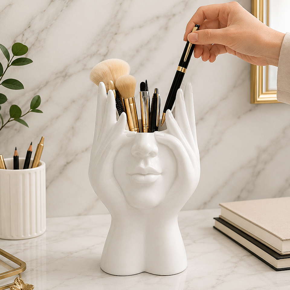 Creative Human Body Pen Holder & Makeup Brush Organizer used as a stationery organizer for pens, pencils, markers, scissors, rulers, and office desk accessories with a modern decorative design.