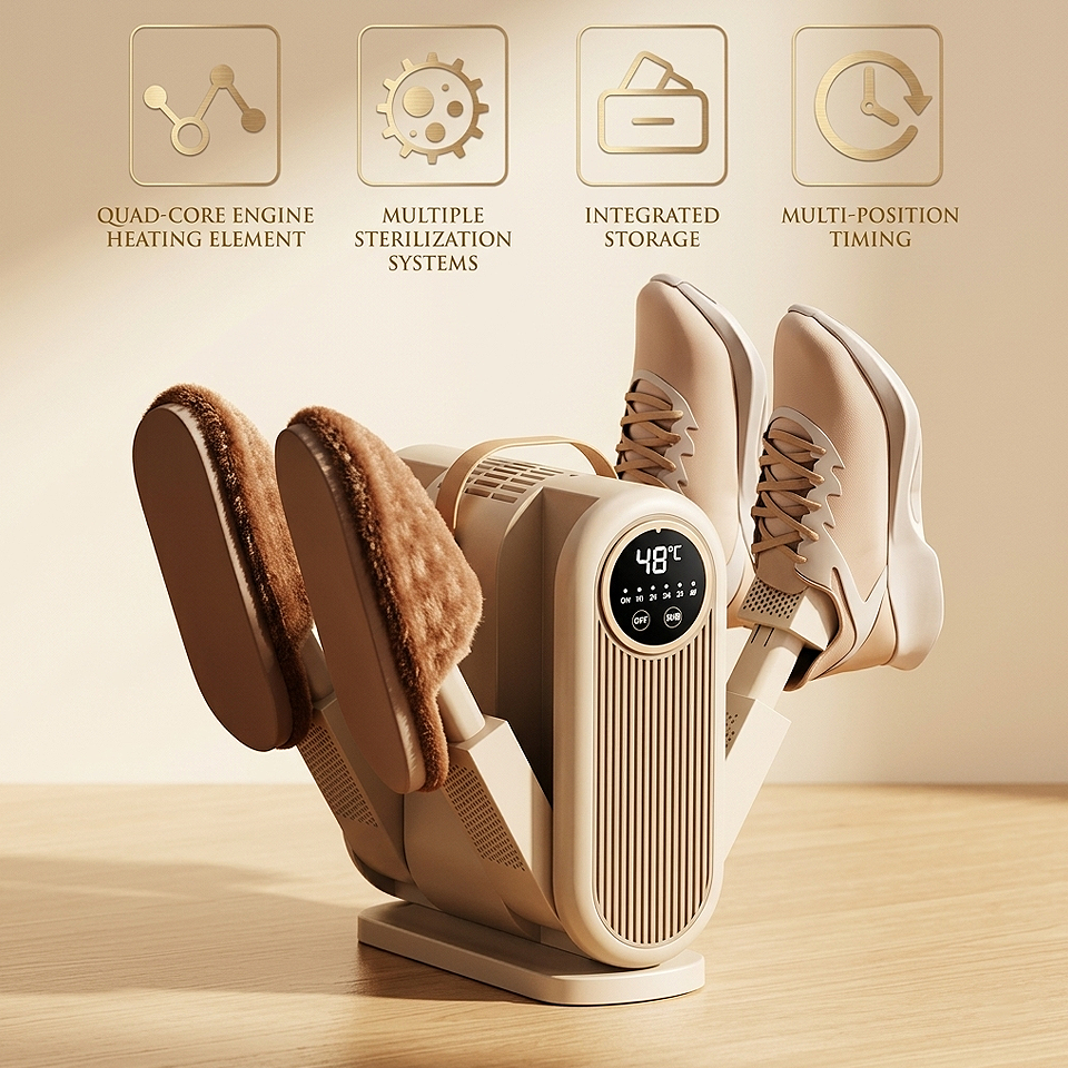 Foldable Electric UV Shoe Dryer with 360° hot air and timer featuring quiet, energy-efficient operation for convenient everyday footwear drying.