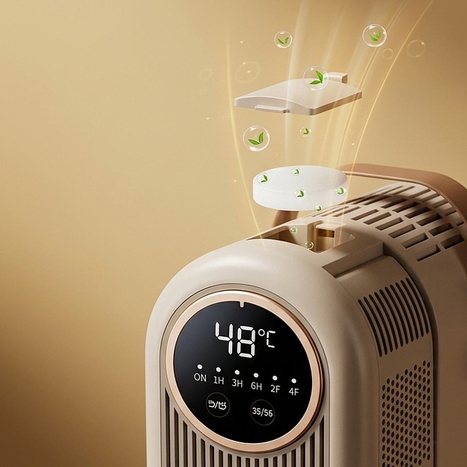 Foldable Electric UV Shoe Dryer with 360° hot air and timer featuring a top opening compartment for adding aromatherapy tablets to help enhance footwear freshness.