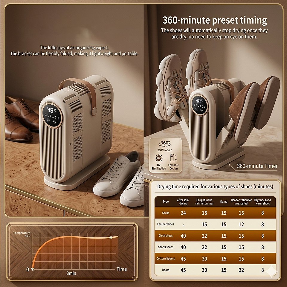 Foldable Electric UV Shoe Dryer with 360° hot air and timer suitable for athletic shoes, leather shoes, trainers, sneakers, and everyday footwear.
