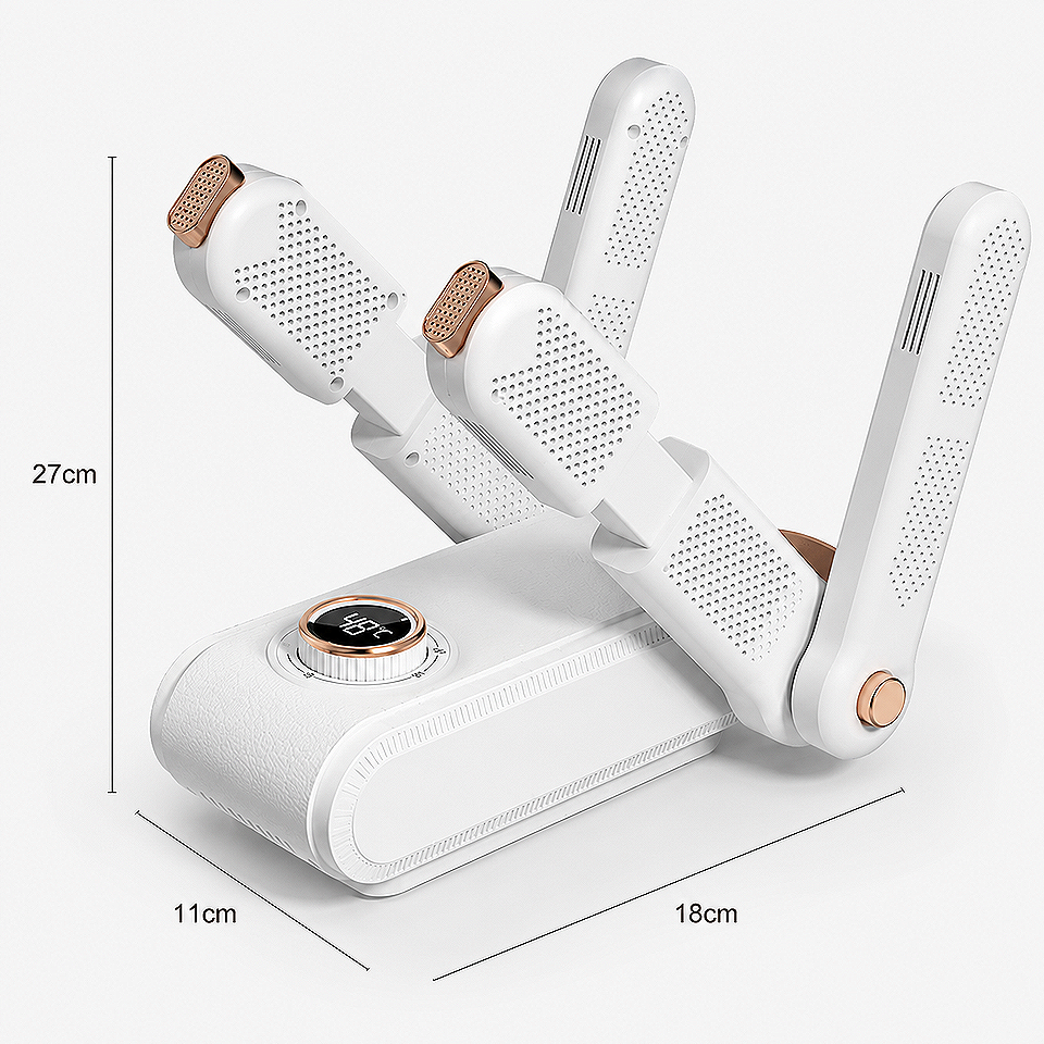 Foldable Electric UV Shoe Dryer with 360° hot air and timer showing its compact measurement size for convenient storage and portability.