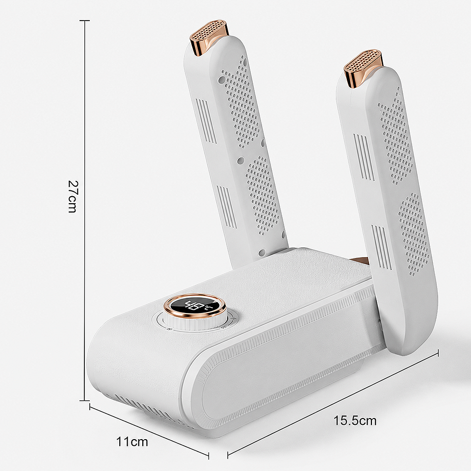 HX-1 Basic 2 Arms Foldable Electric UV Shoe Dryer with 360° hot air and timer showing product measurement size and dimensions for compact storage and everyday use.