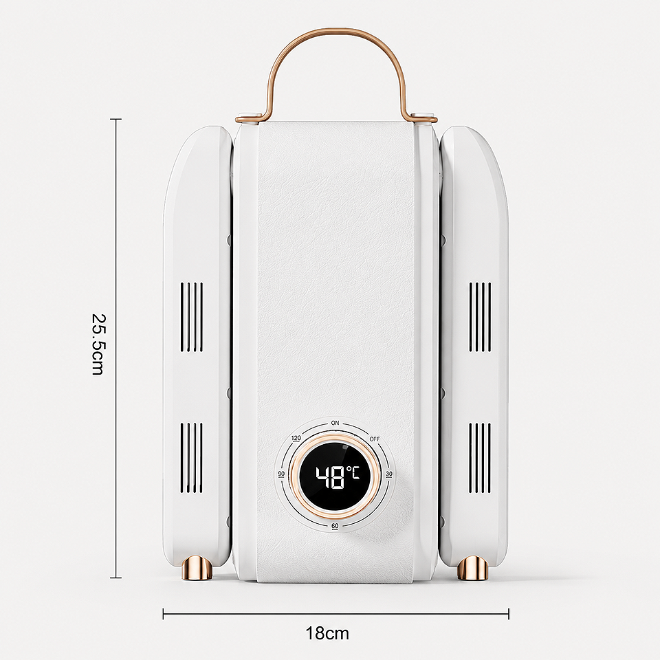 HX-1 Basic 2 Arms Foldable Electric UV Shoe Dryer with 360° hot air and timer showing vertical measurement size and product dimensions for accurate placement and storage.
