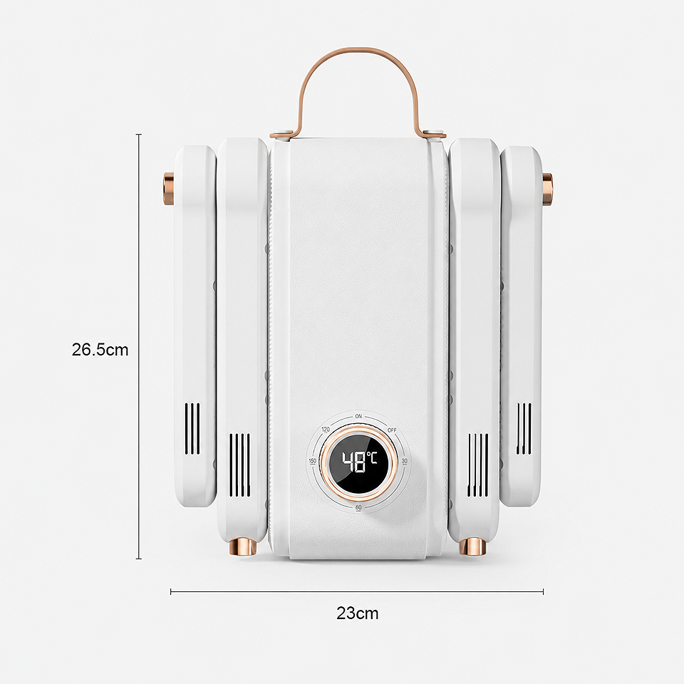 HX-2 Display 4 Arms Foldable Electric UV Shoe Dryer with 360° hot air and timer showing product measurement size and overall dimensions for accurate fit and storage.