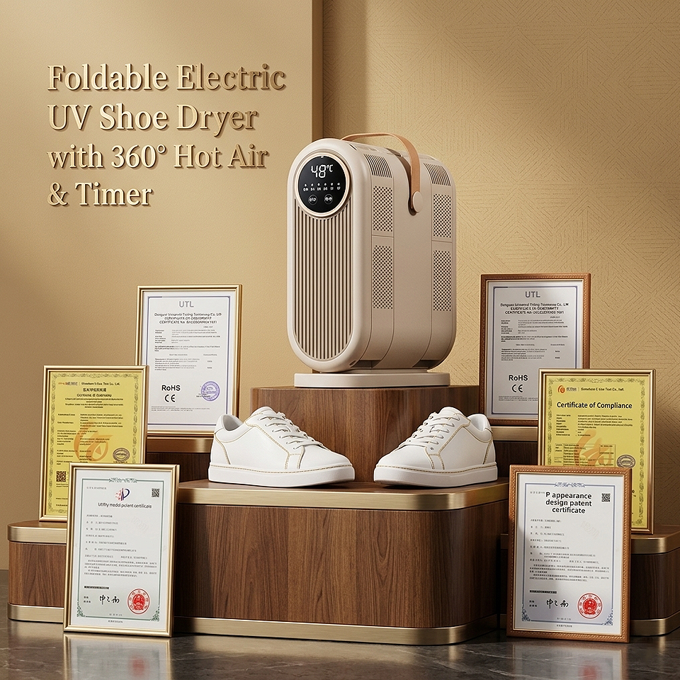 Foldable Electric UV Shoe Dryer with 360° Hot Air & Timer displaying industry and company certification documents for product quality and manufacturing standards.