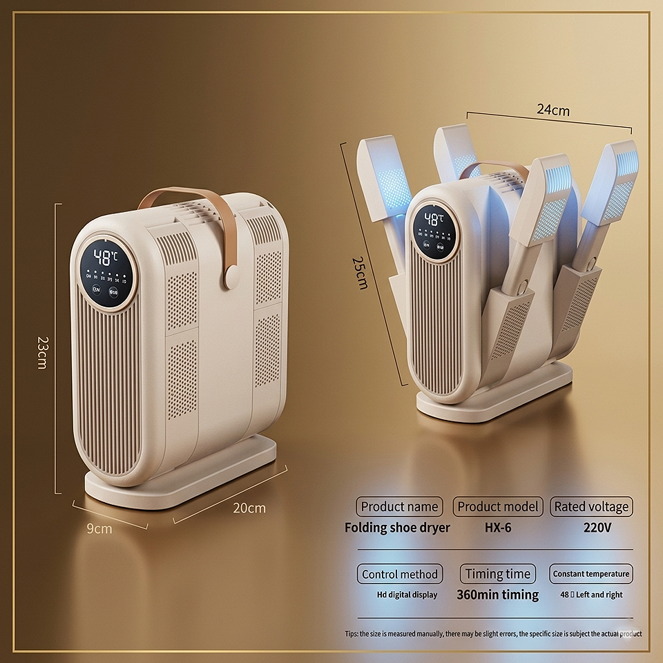 Foldable Electric UV Shoe Dryer with 360° hot air and timer showing product measurement size and dimensions for accurate fit and storage.