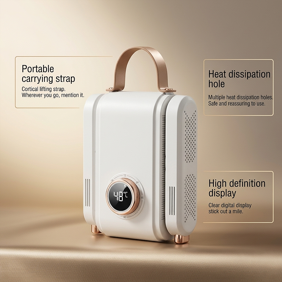 Foldable Electric UV Shoe Dryer with 360° hot air and timer featuring a lightweight, foldable, and portable design for home, office, gym, and travel use.