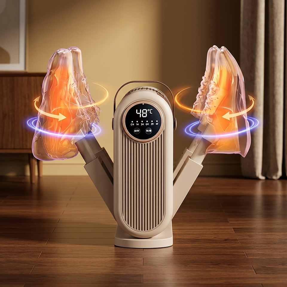 Foldable Electric UV Shoe Dryer with 360° hot air and timer featuring quiet, energy-efficient operation for drying shoes, boots, and everyday footwear.