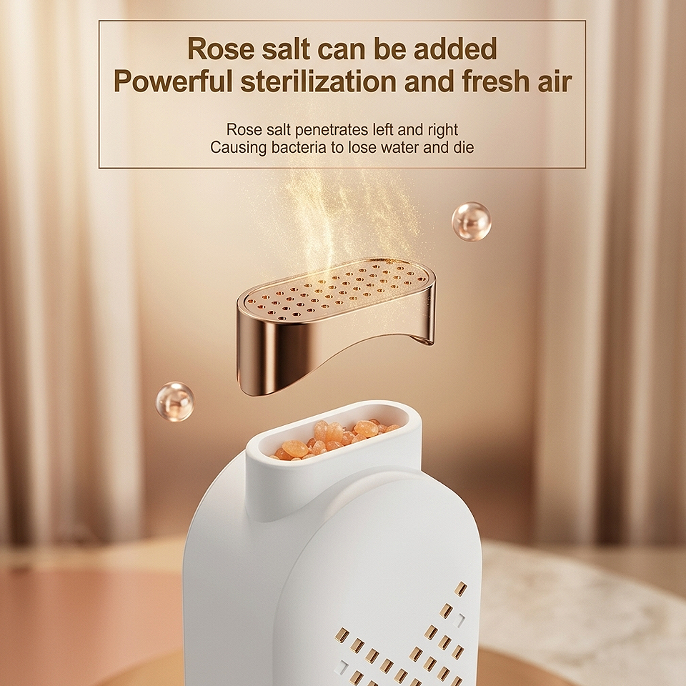 Foldable Electric UV Shoe Dryer with 360° hot air and timer showing the optional use of rose salt to help keep footwear fresh during the drying process.