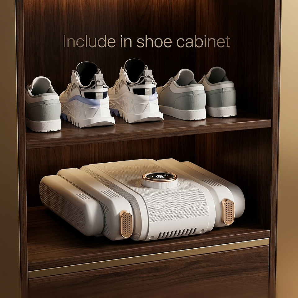 Foldable Electric UV Shoe Dryer with 360° hot air and timer placed inside a shoe cabinet for convenient footwear drying and compact storage.