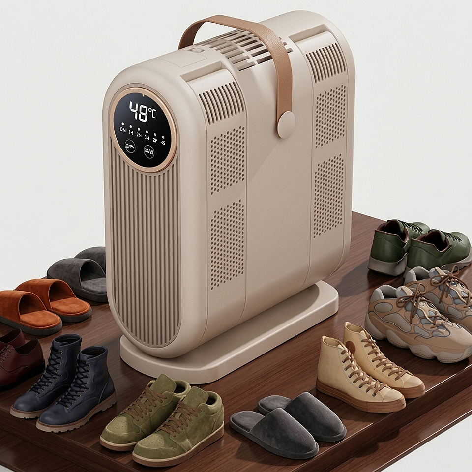 Foldable Electric UV Shoe Dryer with 360° hot air and timer suitable for drying shoes, boots, gloves, hats, socks, and other everyday items.