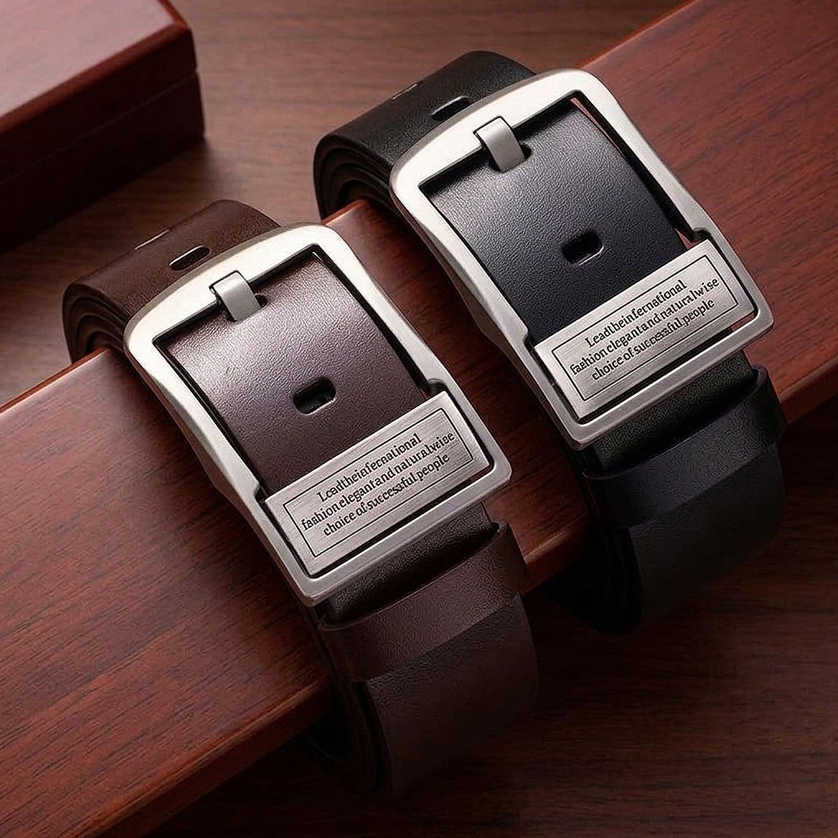 Genuine leather men's business casual belt with a classic pin buckle, paired with chinos and a dress shirt for office, business casual, and everyday professional wear.