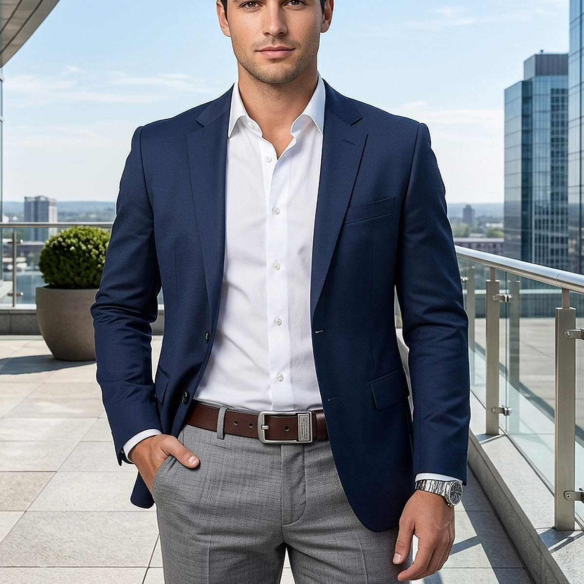 Genuine leather men's office belt with classic pin buckle design styled for professional workwear, business attire, dress trousers, and smart casual outfits.