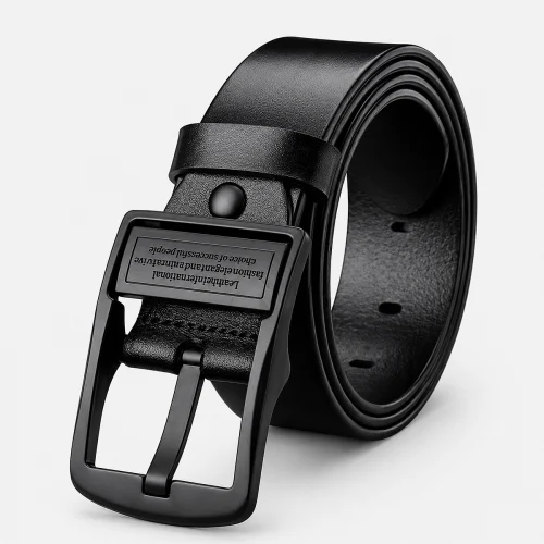 Black genuine leather men's pin buckle belt paired with a men's polo shirt for smart casual, office, business, and everyday wear.