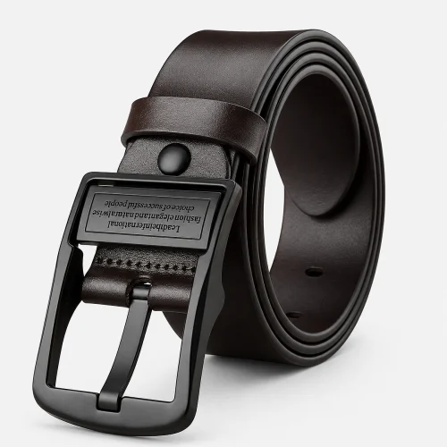 HK-Coffee genuine leather men's pin buckle belt paired with casual chino pants for smart casual, office, travel, and everyday wear.