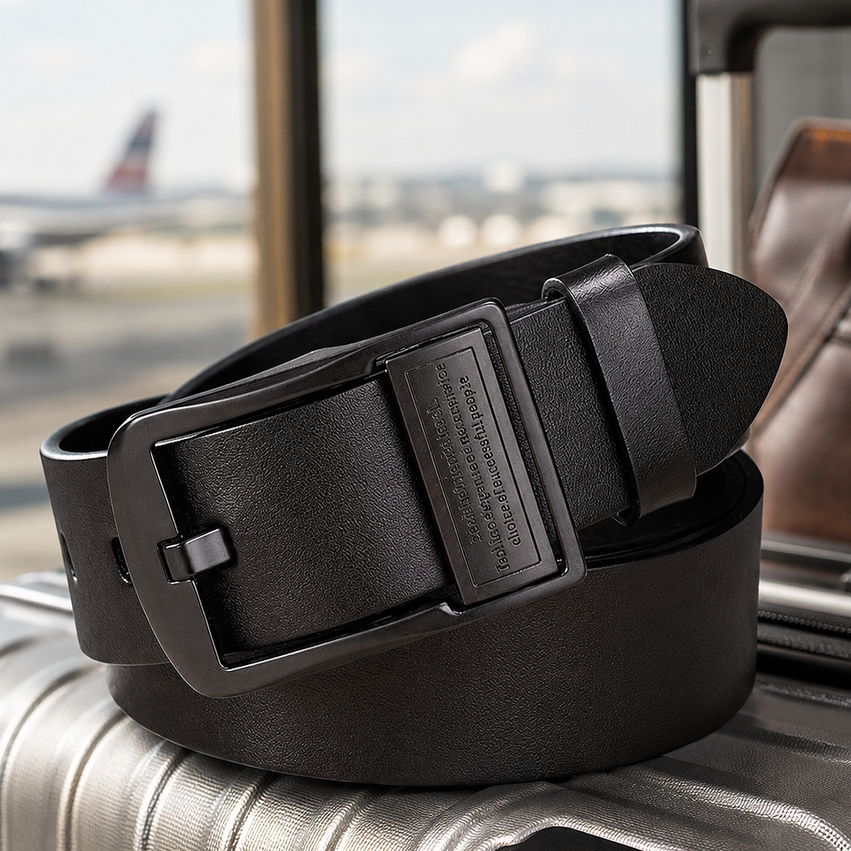 Genuine leather men's pin buckle travel belt paired with casual trousers for business trips, holidays, outdoor activities, and everyday travel wear.