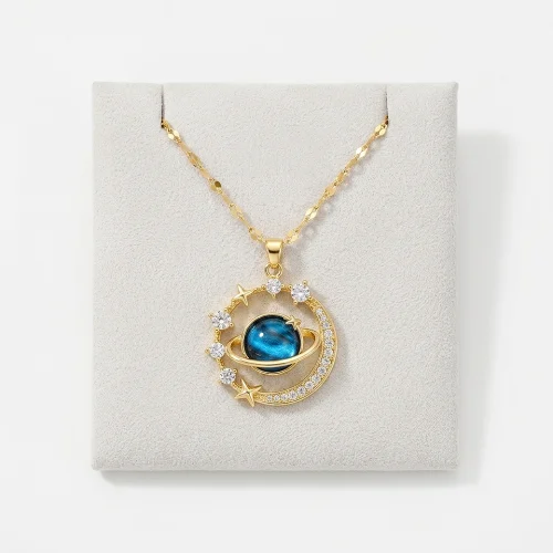 Alt: " Home product image – Acuvick " Luxury Star and Moon Silver Necklace with sparkling crystal gemstone pendant for women