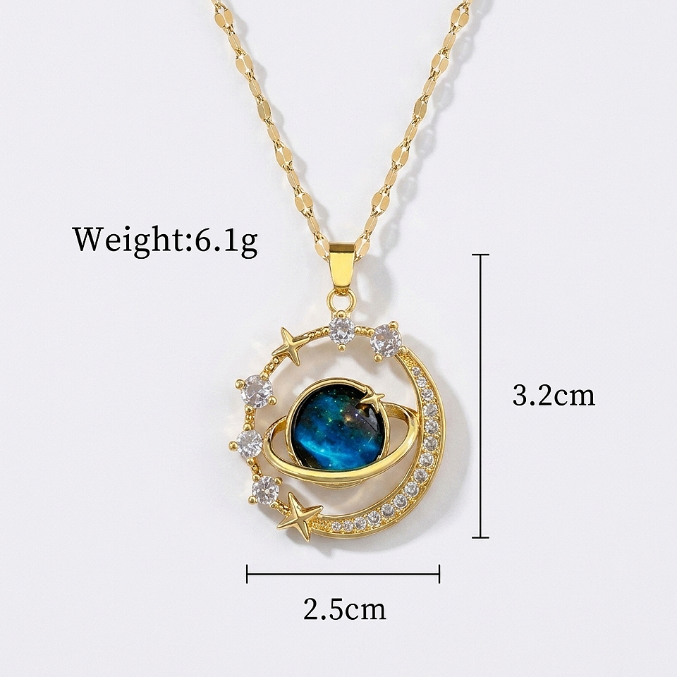 Luxury Star & Moon Silver Necklace with Crystal Pendant measurement size showing pendant dimensions and chain length for accurate fit.