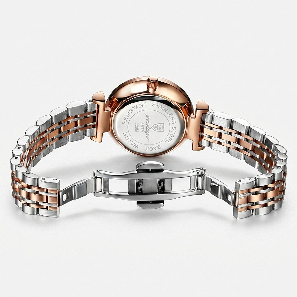 Alt: " Luxury Women's Quartz Watch with Date Display product image – Acuvick " Back view of the Luxury Women's Quartz Watch with Date Display showing the watch case, secure clasp, adjustable strap, rear casing, and quality craftsmanship for everyday wear.
