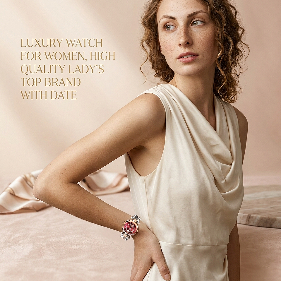 Alt: " Luxury Women's Quartz Watch with Date Display product image – Acuvick " Luxury Women's Quartz Watch with Date Display presented as a beautiful gift idea featuring an elegant analogue dial, precision quartz movement, and timeless design for special occasions and everyday wear.