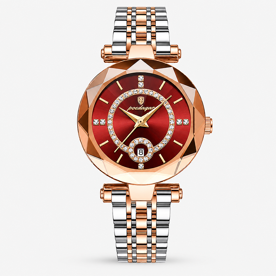 Alt: " Luxury Women's Quartz Watch with Date Display product image – Acuvick " Luxury women's quartz watch with date display and premium leather strap in elegant gold and rose gold finishes