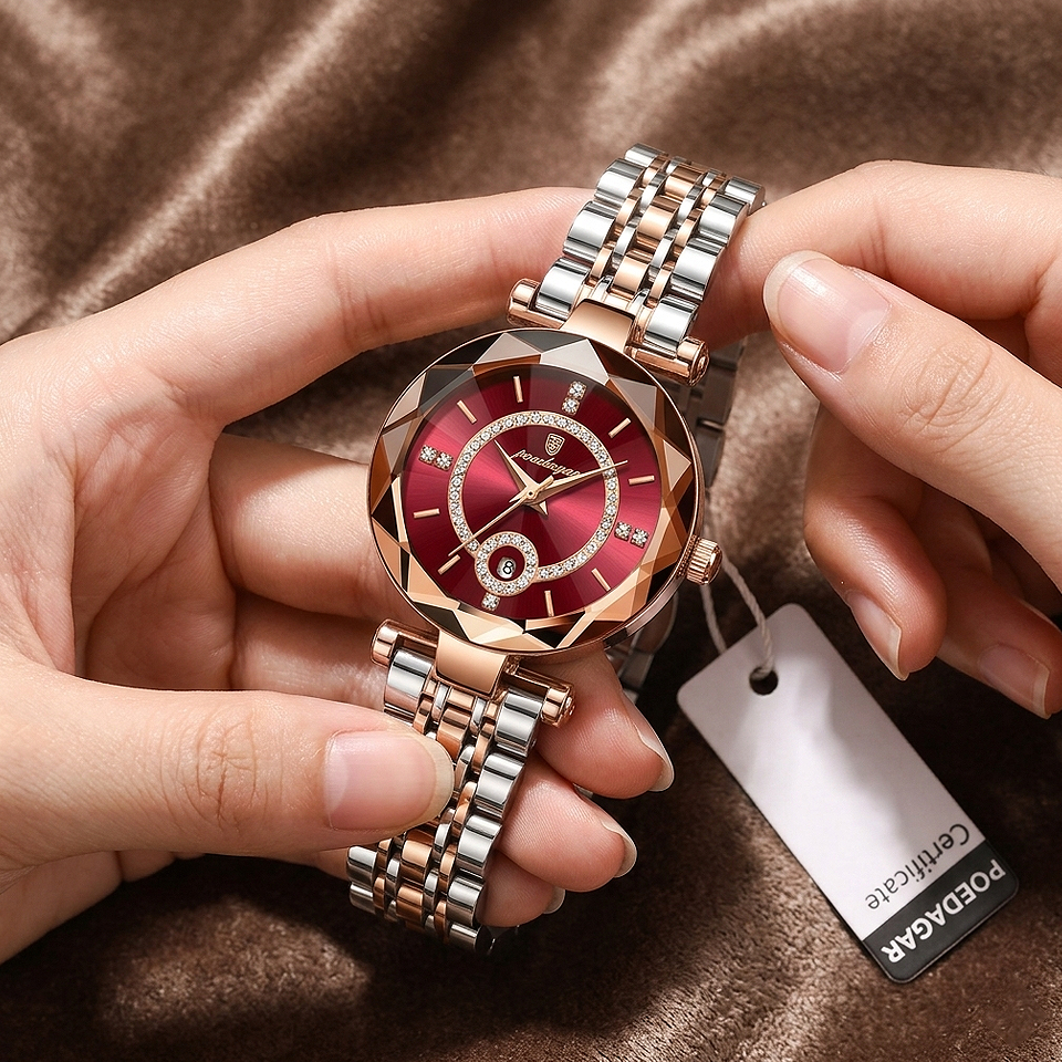 Alt: " Luxury Women's Quartz Watch with Date Display product image – Acuvick " Luxury Women's Quartz Watch with Date Display worn by an office professional, featuring a precision quartz movement, elegant analogue dial, and timeless design for business meetings and everyday office wear.