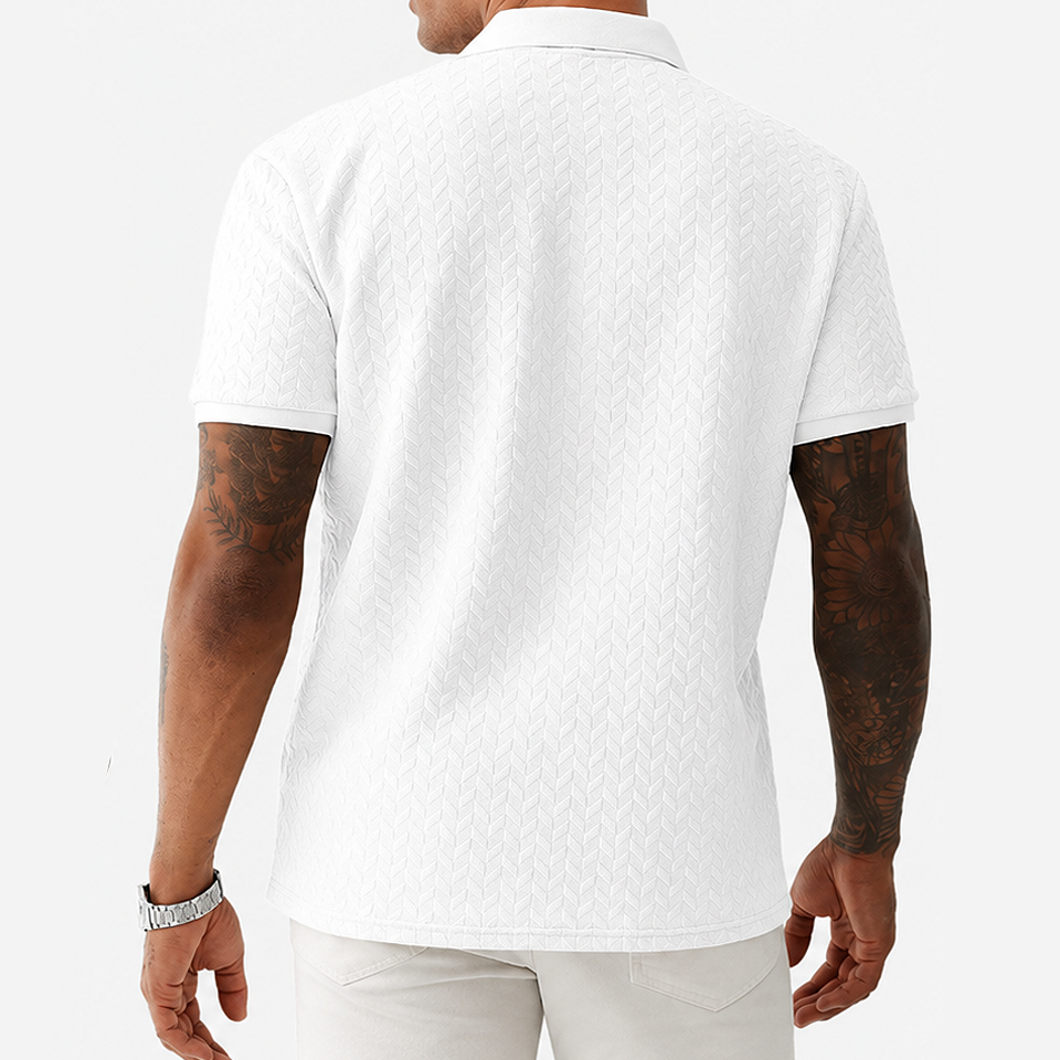 Back view of men's premium white breathable short sleeve golf polo shirt featuring a comfortable fit, lightweight fabric, and stylish design for golf and smart casual wear.