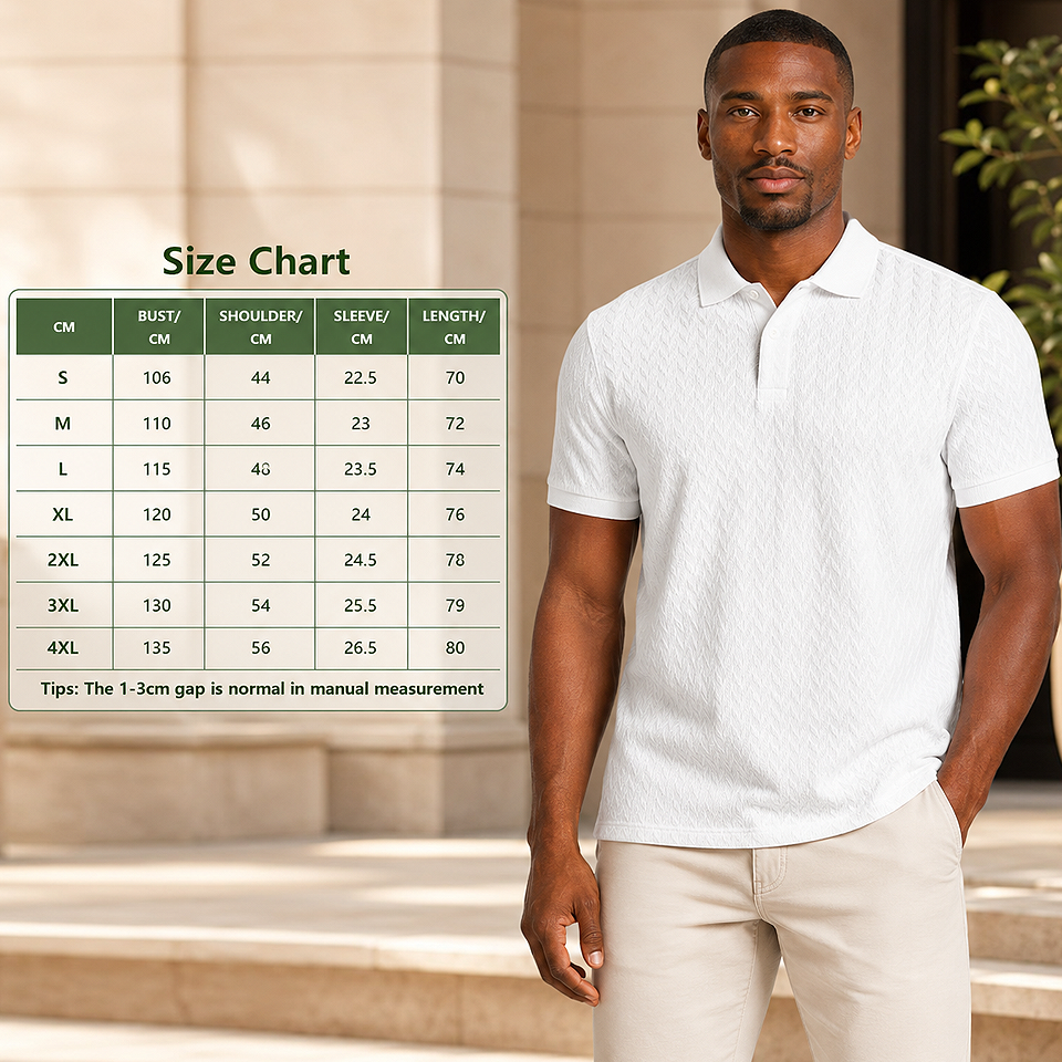 Men's Premium Breathable Short Sleeve Polo Shirt measurement size chart showing chest, shoulder, sleeve, and length dimensions for accurate sizing.