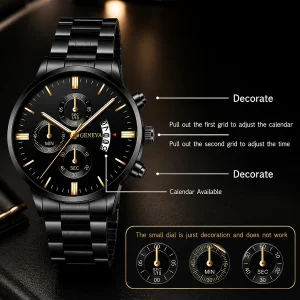 Measurement size diagram of the Men's Stainless Steel Quartz Watch with Calendar showing case diameter, case thickness, band width, and strap length for accurate sizing.