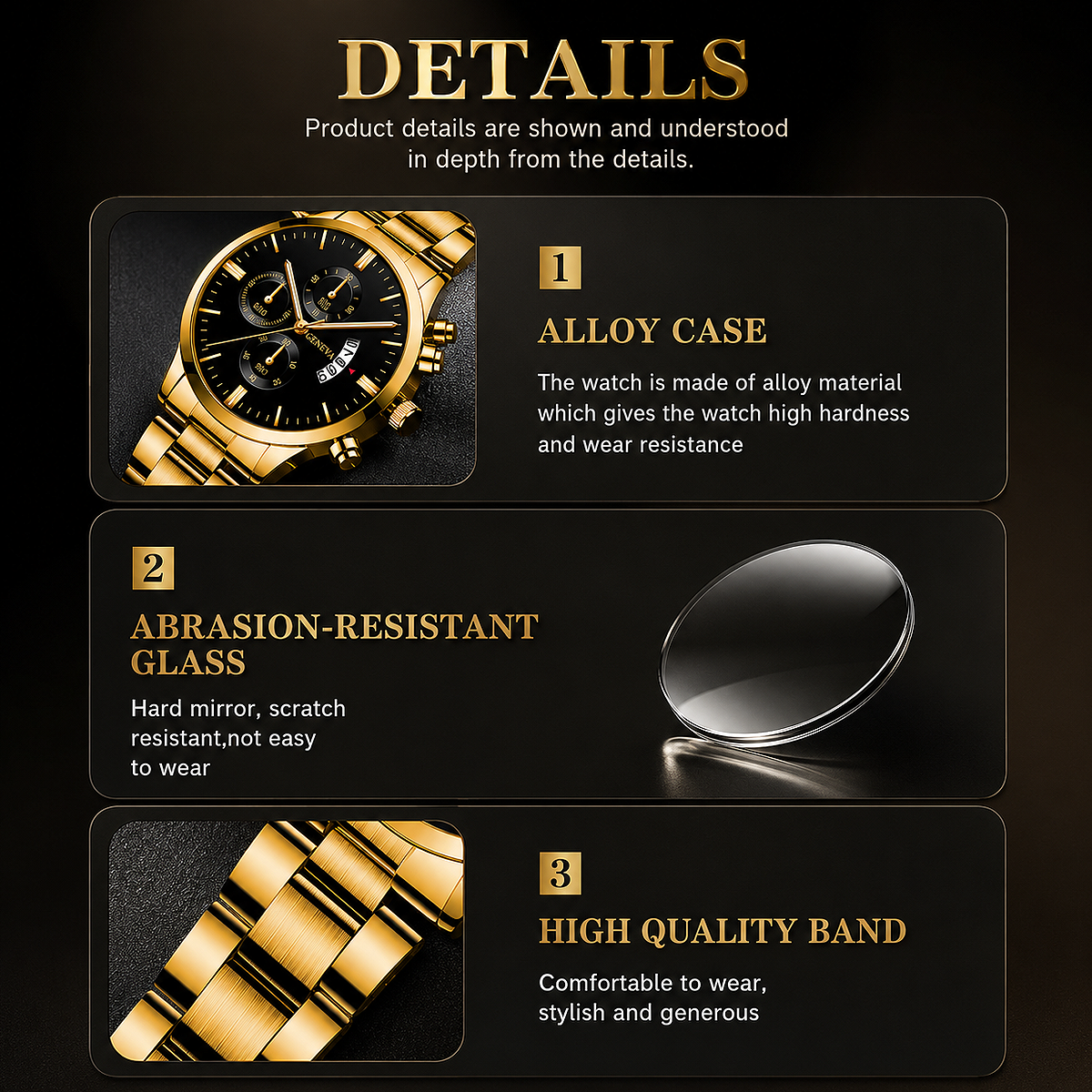Product details of the Men's Stainless Steel Quartz Watch with Calendar, highlighting the stainless steel bracelet, quartz movement, calendar date display, and business-inspired design.