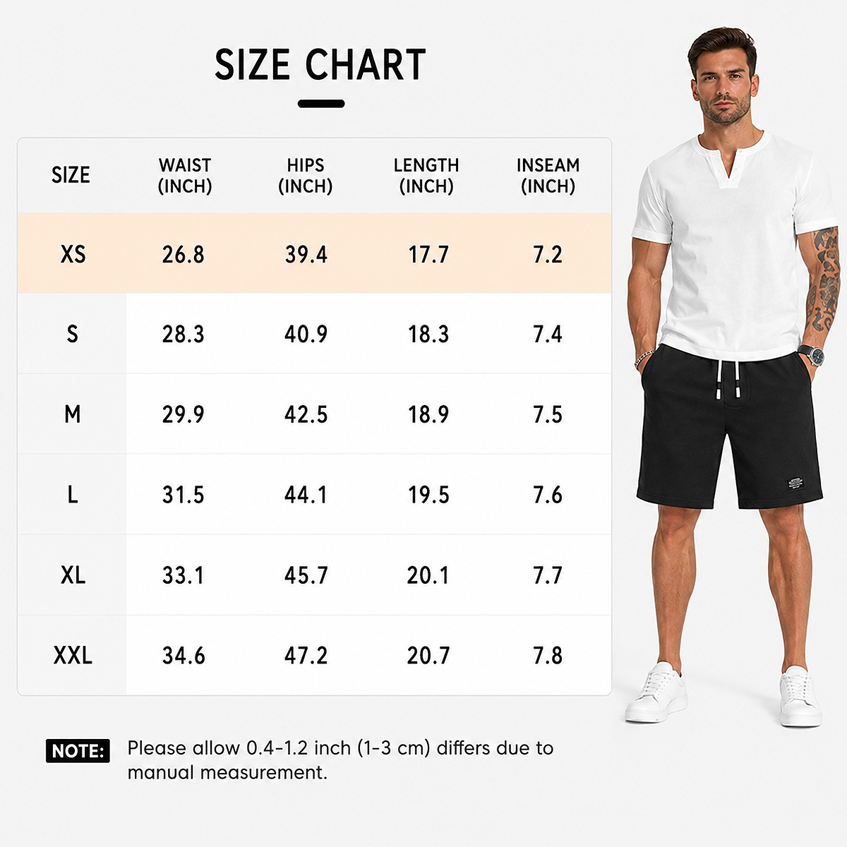 Measurement size guide for Men's Textured Casual Beach Shorts – Lightweight Summer Fit showing waist, hip, length, inseam, and recommended size measurements for accurate fitting.