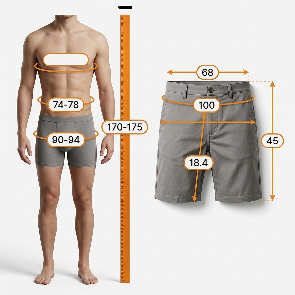 Size guide for Men's Textured Casual Beach Shorts – Lightweight Summer Fit showing waist, hip, length, and recommended measurements to help customers choose the correct size.