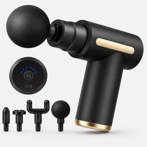 Mini Massage Gun with 4 interchangeable massage heads for deep tissue muscle massage, pain relief, post-workout recovery, and everyday relaxation.