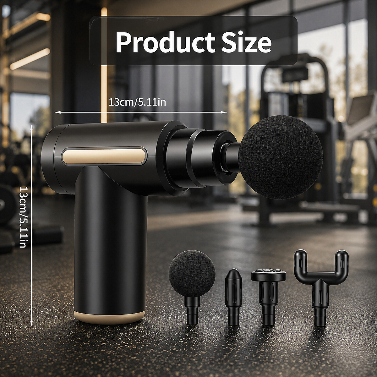 Measurement size chart for the Mini Massage Gun – 4 Head Deep Tissue Massager showing product dimensions for a compact, lightweight, and portable design.