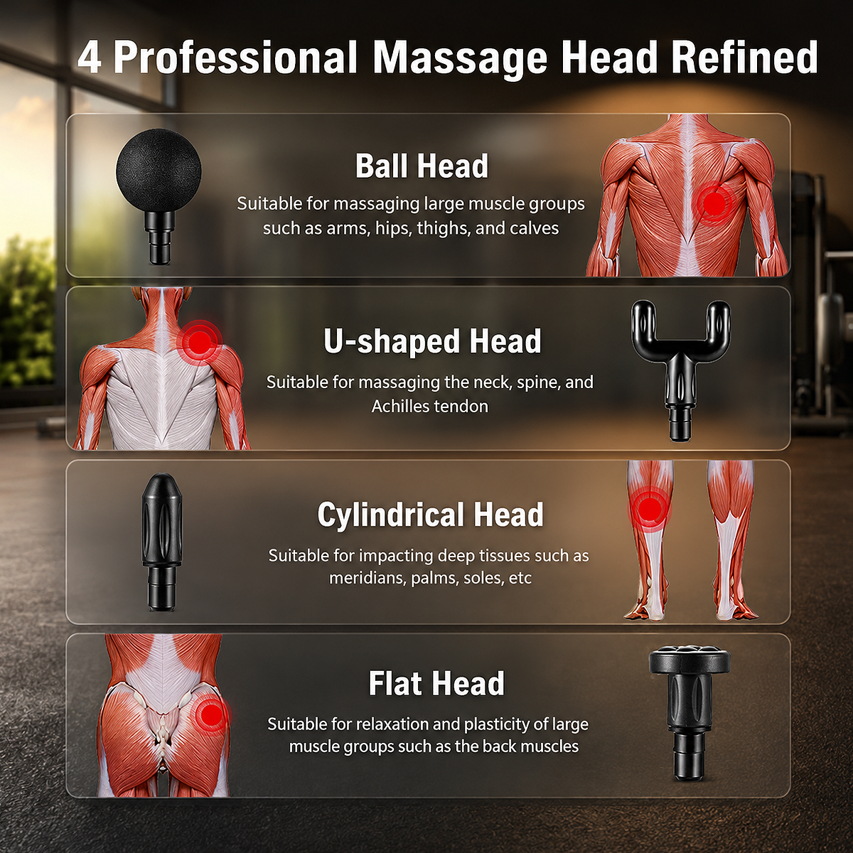 Mini Massage Gun with four professional interchangeable massage heads designed for targeted deep tissue muscle massage, recovery, and everyday relaxation.