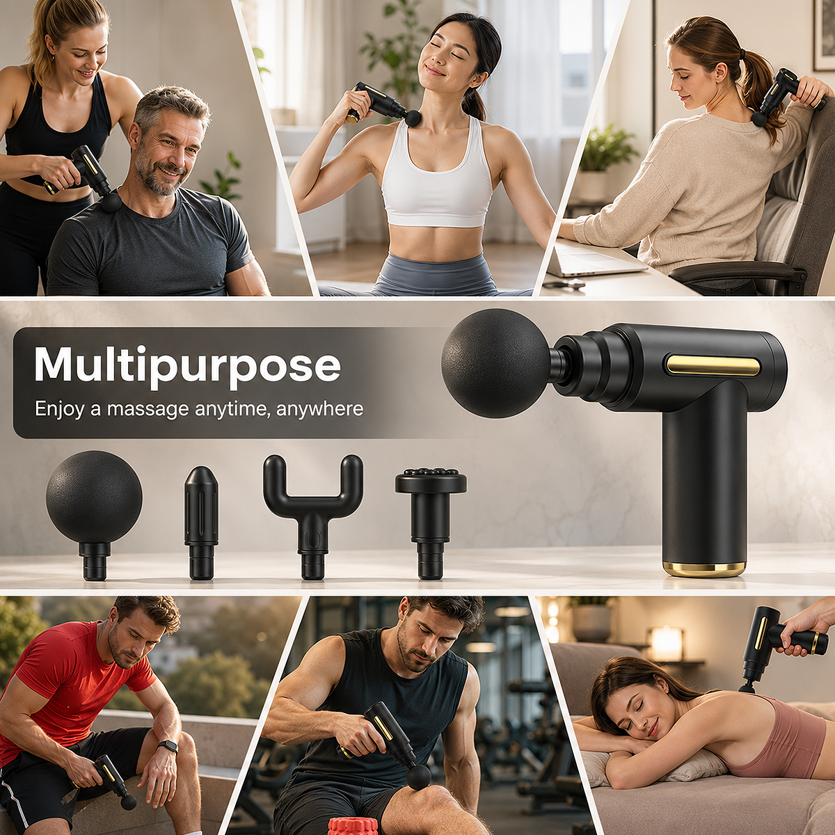 Mini Massage Gun multi-purpose full body massage device with four interchangeable massage heads for targeted muscle relaxation, post-workout recovery, and everyday wellness.