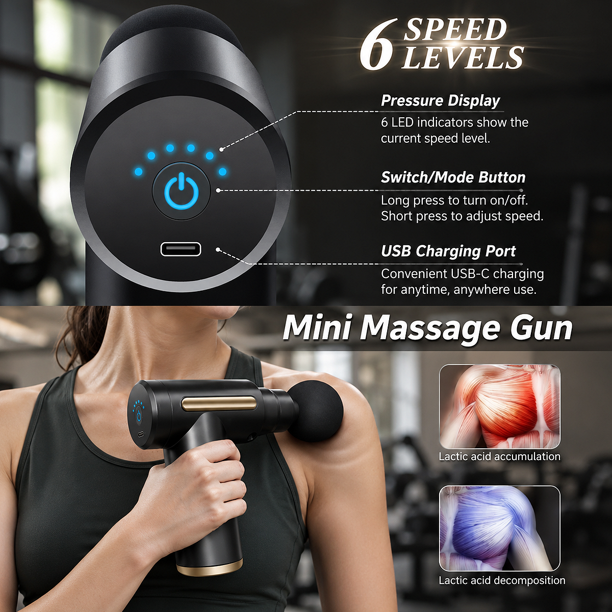Professional using the Mini Massage Gun at the office to relax neck, shoulder, and back muscles during a work break with a compact cordless deep tissue massager.