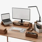 Office essentials including desk organizers monitor stand laptop stand desk lamp and office storage
