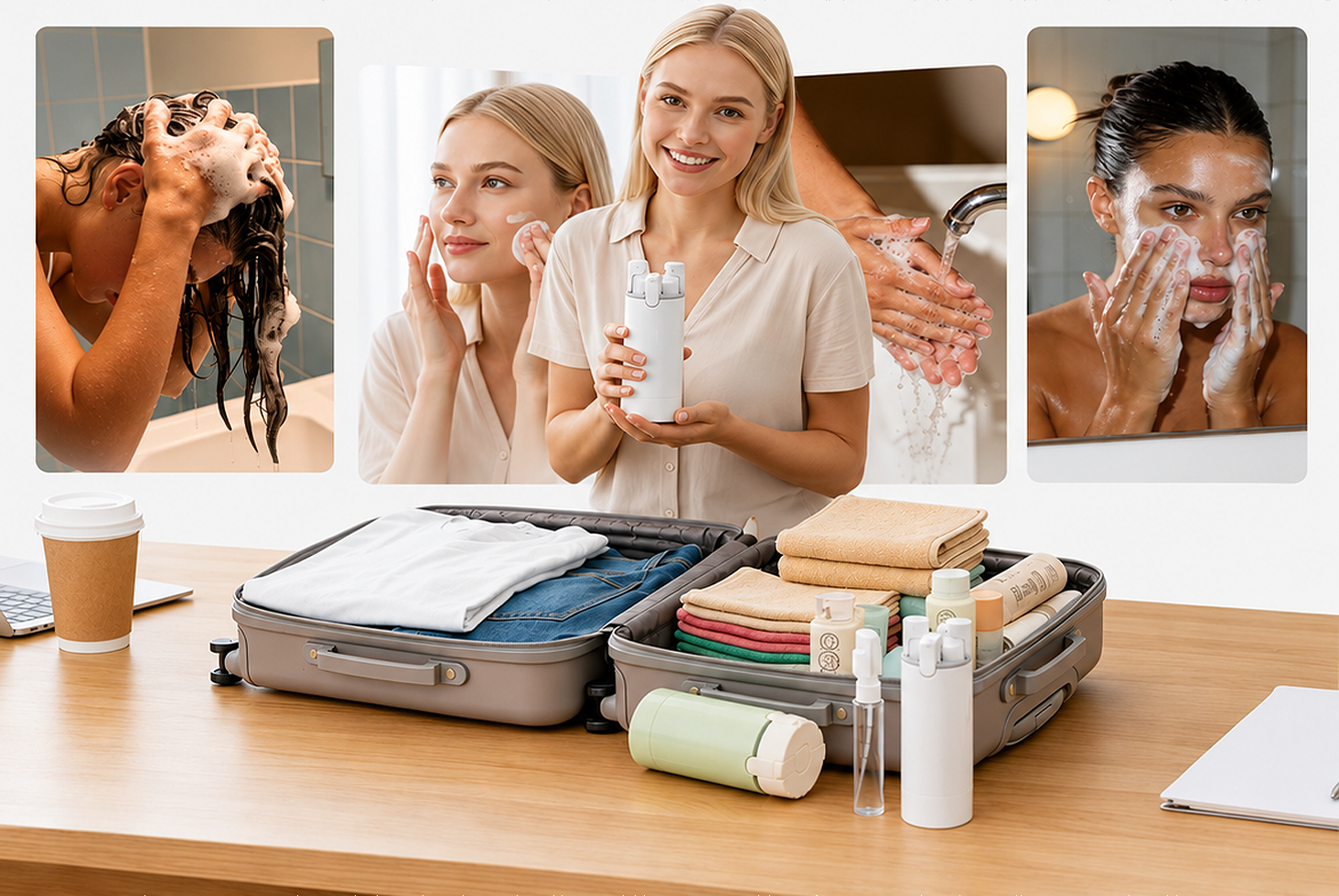 Premium 4-in-1 leak-proof travel toiletry dispenser bottle with four refillable compartments for shampoo, conditioner, body wash, lotion, facial cleanser, and other travel toiletries.