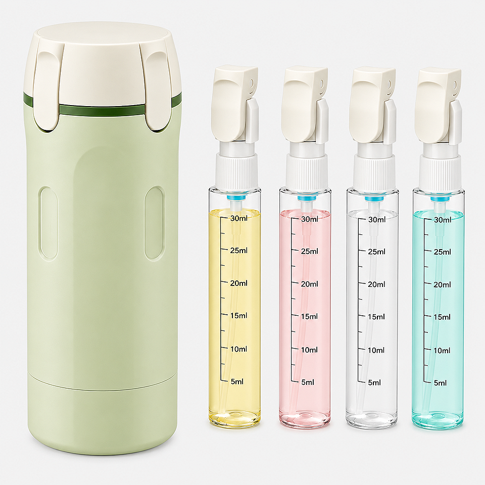 Premium green 4-in-1 leak-proof travel toiletry dispenser bottle set with four refillable containers for shampoo, conditioner, body wash, lotion, facial cleanser, and travel essentials.