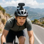 Cyclist wearing a helmet-mounted Premium 4K Mini WiFi Action Camera while riding a bicycle, capturing hands-free outdoor cycling footage.