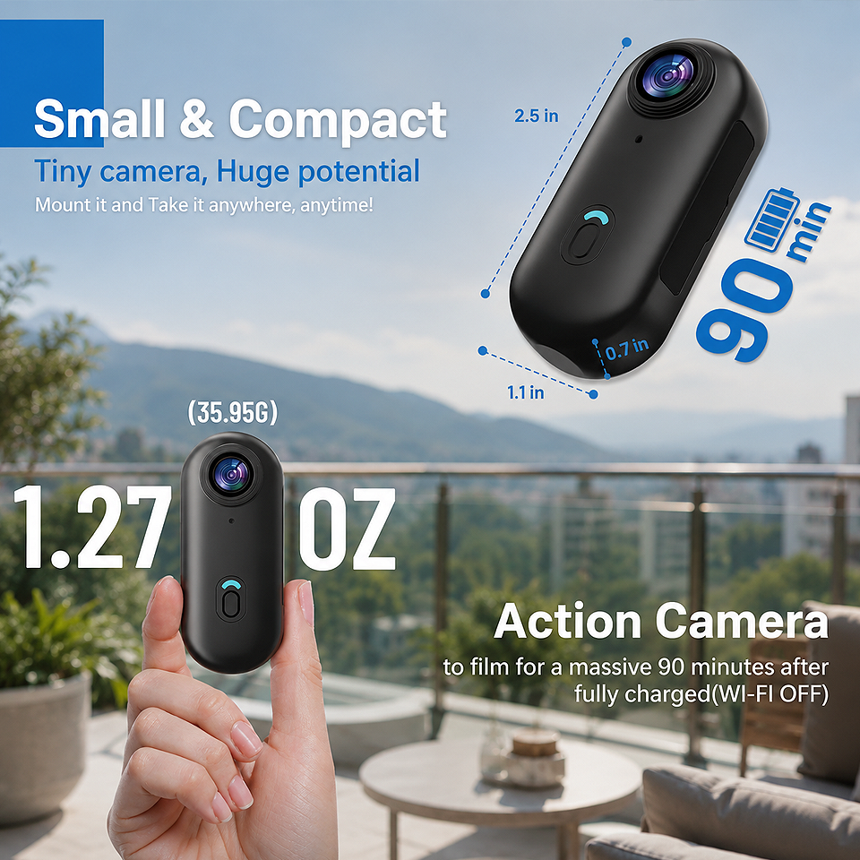 Alt: " 4K Mini WiFi Waterproof Action Camera – Wearable Body Cam product image – Acuvick " Premium 4K Mini WiFi Action Camera showing its small, compact dimensions and lightweight wearable design for everyday recording and outdoor adventures.