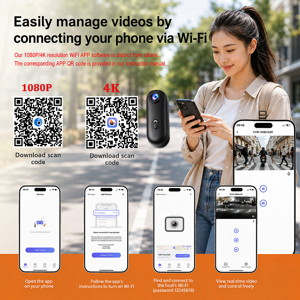 Alt: " 4K Mini WiFi Waterproof Action Camera – Wearable Body Cam product image – Acuvick " Premium 4K Mini WiFi Action Camera with easy video management through WiFi connectivity for viewing, transferring, and sharing recordings.