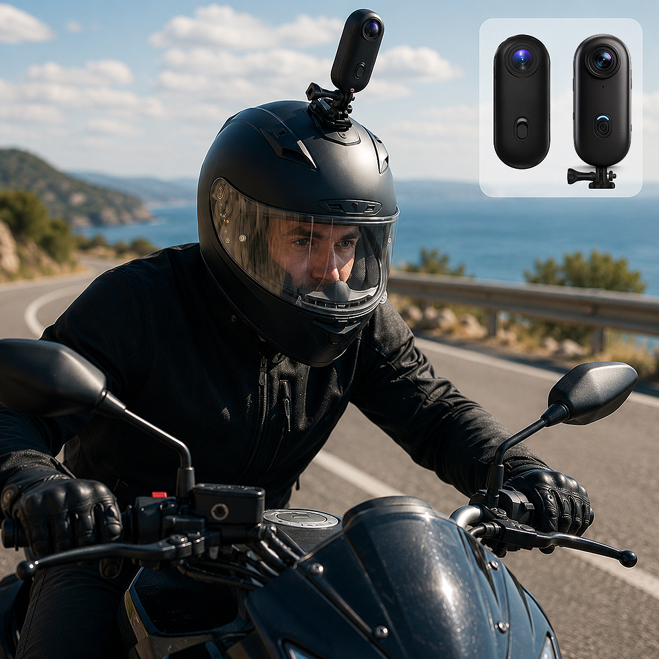 Alt: " 4K Mini WiFi Waterproof Action Camera – Wearable Body Cam product image – Acuvick " Motorcyclist wearing a helmet-mounted Premium 4K Mini WiFi Action Camera while riding a motorcycle, recording hands-free 4K road footage.