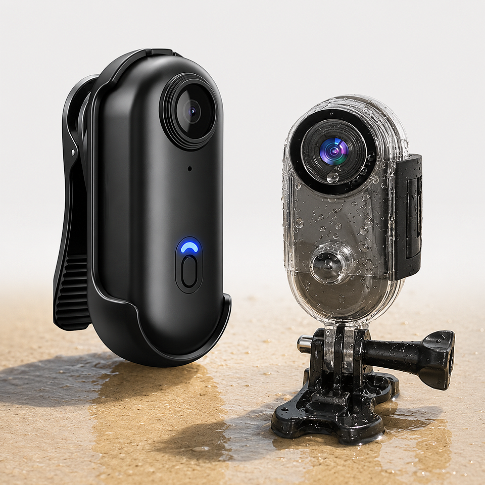 Alt: " 4K Mini WiFi Waterproof Action Camera – Wearable Body Cam product image – Acuvick " Premium 4K Mini WiFi Action Camera for outdoor adventures, featuring a waterproof wearable design for hiking, camping, cycling, motorcycling, and travel.