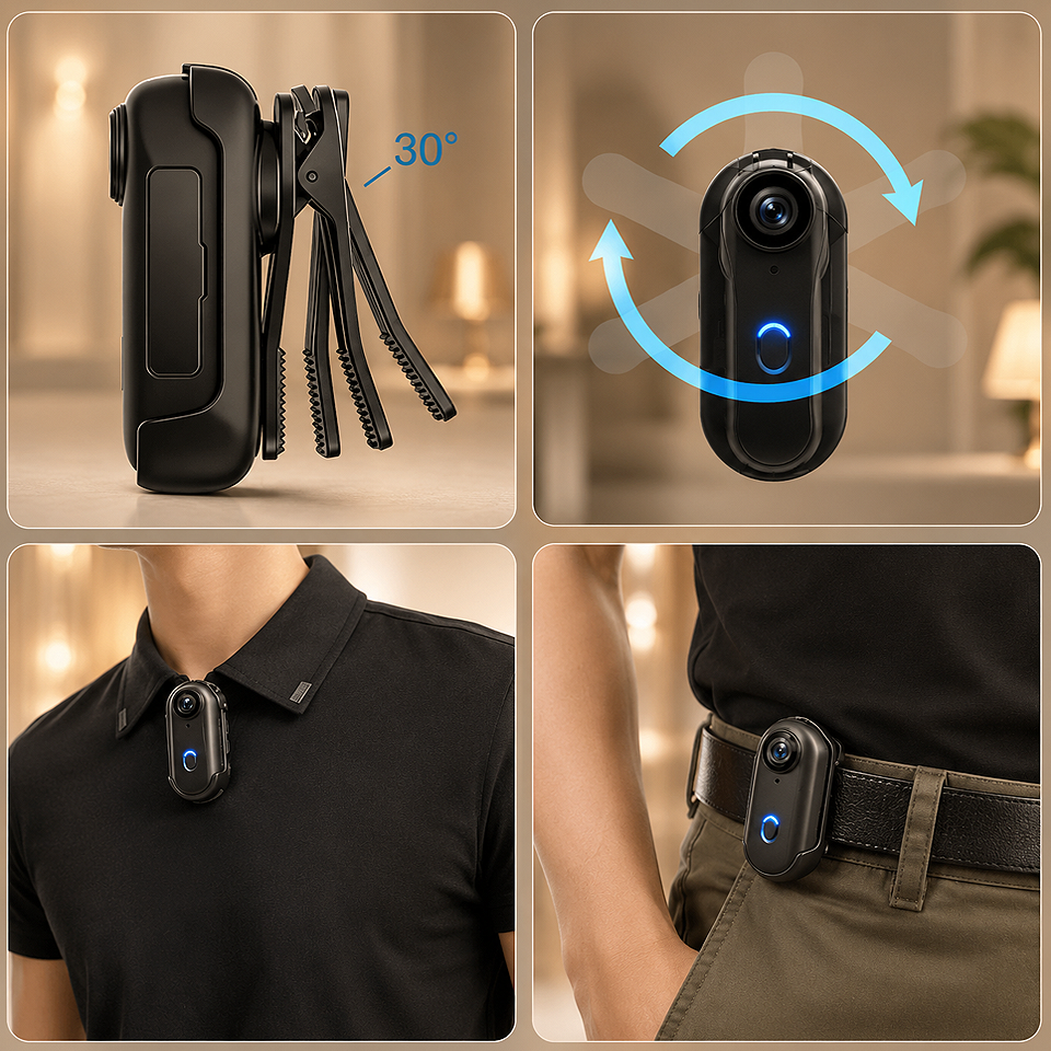 Alt: " 4K Mini WiFi Waterproof Action Camera – Wearable Body Cam product image – Acuvick " Premium 4K Mini WiFi Action Camera with portable back clip for easy attachment to clothing, backpacks, straps, hats, and outdoor gear.
