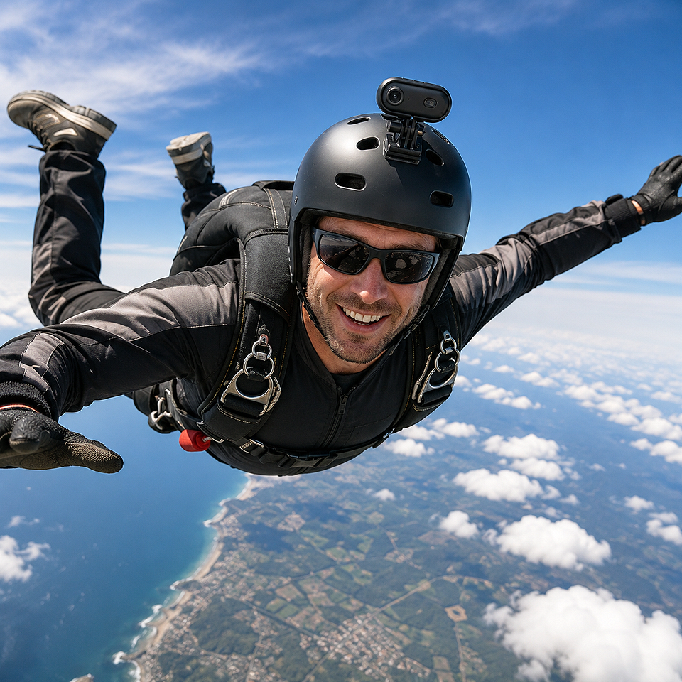 Alt: " 4K Mini WiFi Waterproof Action Camera – Wearable Body Cam product image – Acuvick " Full-body skydiver wearing a helmet-mounted Premium 4K Mini WiFi Action Camera while recording a freefall adventure in 4K Ultra HD.