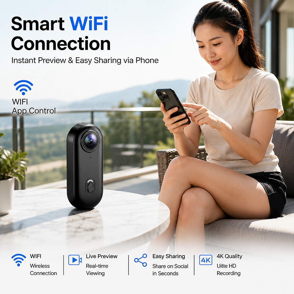 Alt: " 4K Mini WiFi Waterproof Action Camera – Wearable Body Cam product image – Acuvick " Premium 4K Mini WiFi Action Camera with smart WiFi connectivity for wireless video preview, file transfer, and mobile app control.